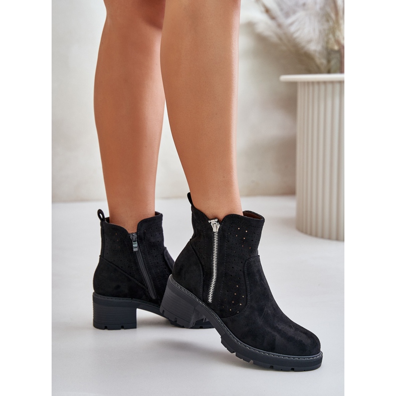 Botins femininos com padrão vazado e salto alto, Oviria preto 2