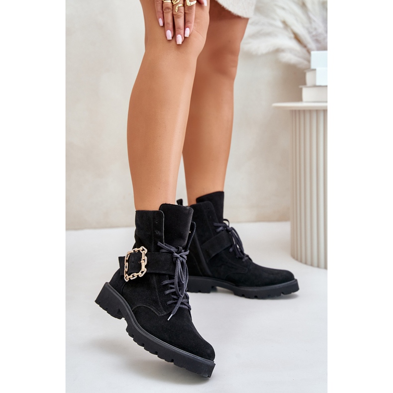 Zazoo 2951 Botins de camurça com fivela decorativa, preto 2