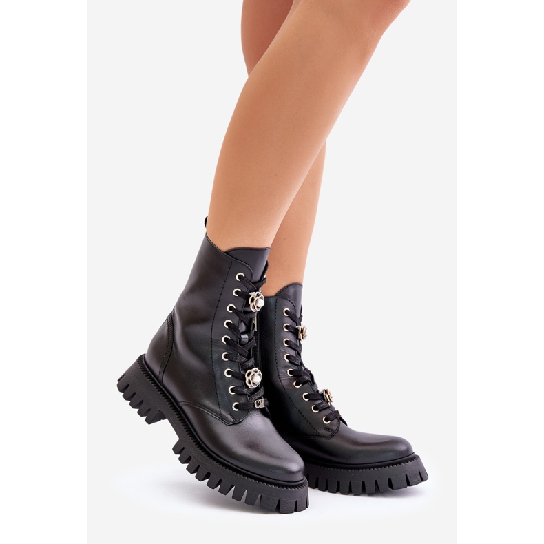 Botins de trabalho em couro com alfinetes de zíper CheBello 4553 preto 1