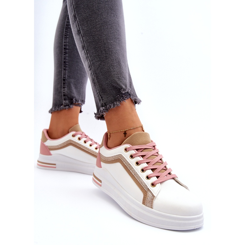 Sneakes esportivos femininos com brilho bege branco 5