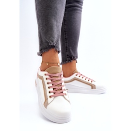 Sneakes esportivos femininos com brilho bege branco 3