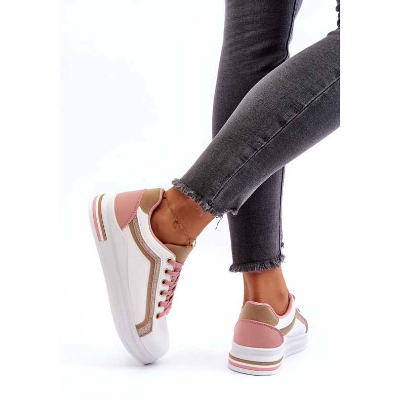 Sneakes esportivos femininos com brilho bege branco 6