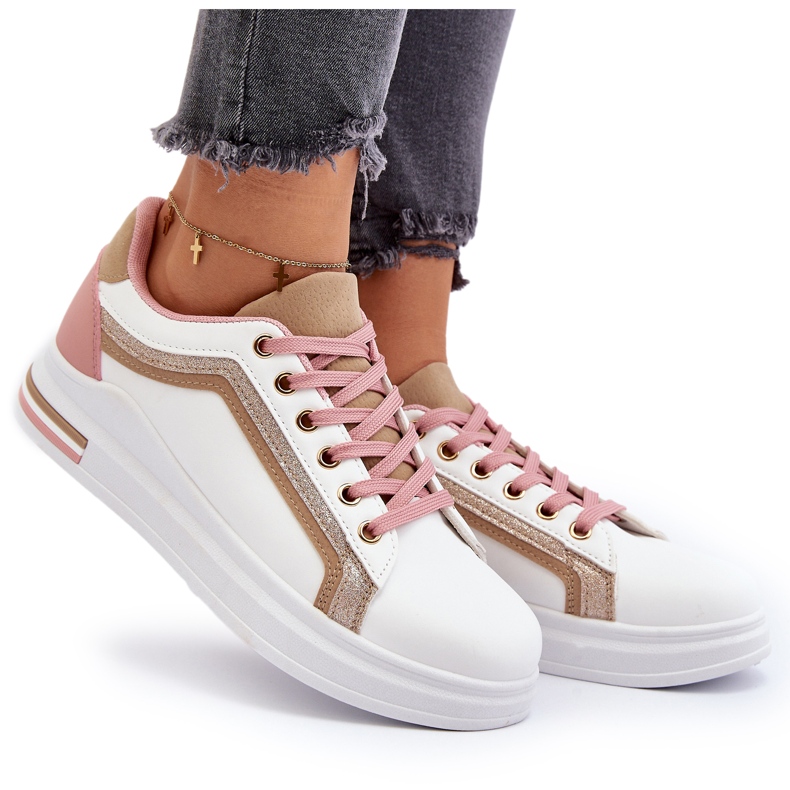 Sneakes esportivos femininos com brilho bege branco 9