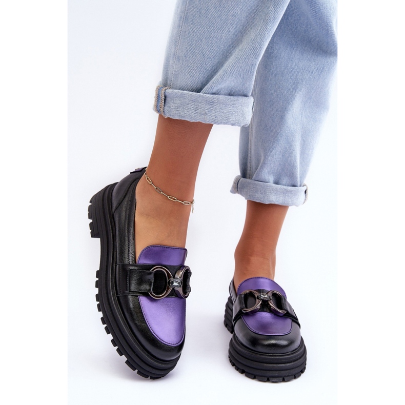 Mocassins femininos em uma enorme plataforma preta/violeta preto 1