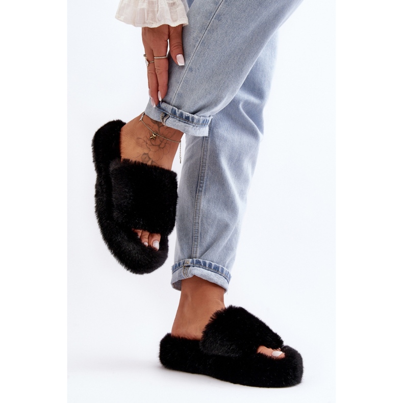 Chinelos de pele femininos negros preto 1