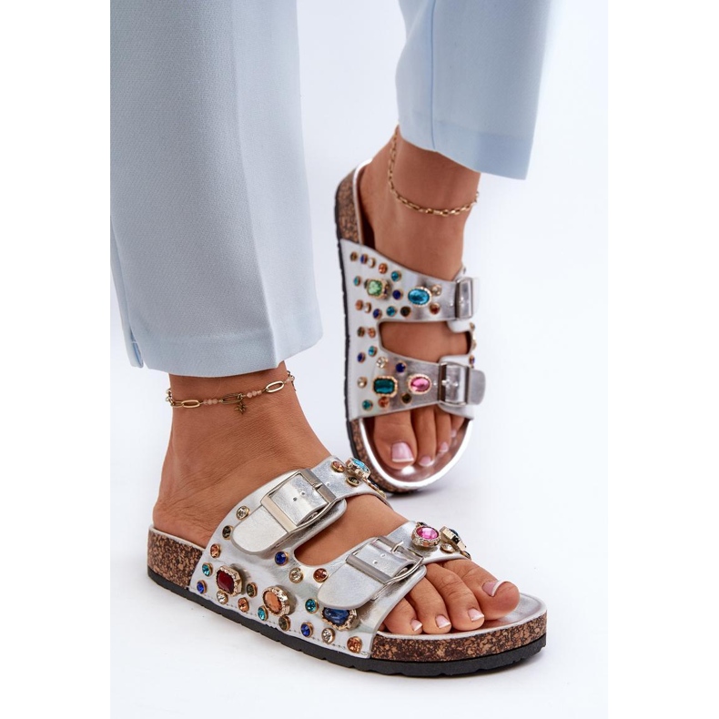 S.Barski Chinelos femininos decorados com fivelas prateadas prata 2