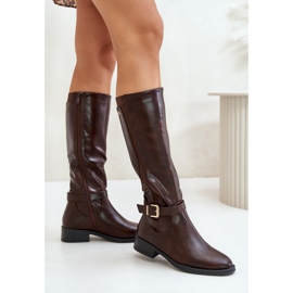 Botas femininas clássicas com fivela marrom castanho 1
