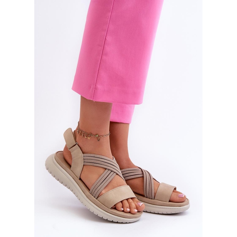 Sandálias femininas com fecho de velcro 24SD06-7057 bege 1 Sandálias femininas com fecho de velcro 24SD06-7057 bege 1