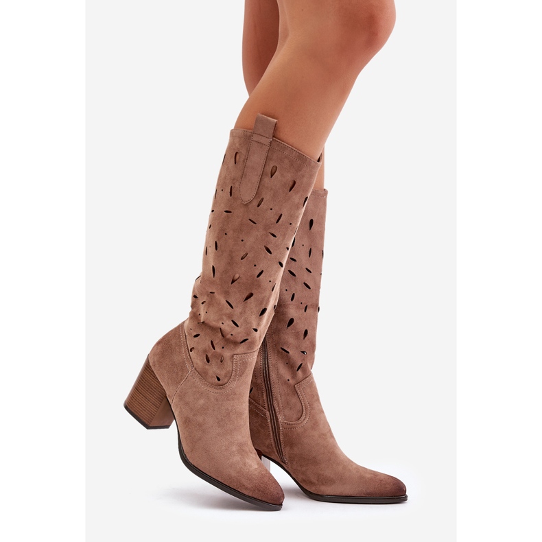 Botas Eco Suede Salto Alto Com Padrão Openwork Vinceza 58344 Bege Escuro 1