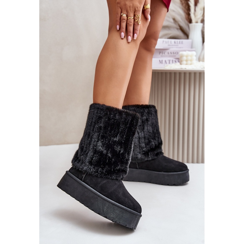 Botas de neve pretas com plataforma Lisonea e parte superior virada para cima preto 2 Botas de neve pretas com plataforma Lisonea e parte superior virada para cima preto 2