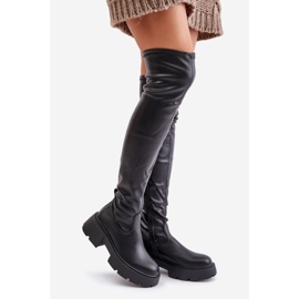 Botas acima do joelho com plataforma e salto plano em couro ecológico Loreviana preta preto 1 Botas acima do joelho com plataforma e salto plano em couro ecológico Loreviana preta preto 1