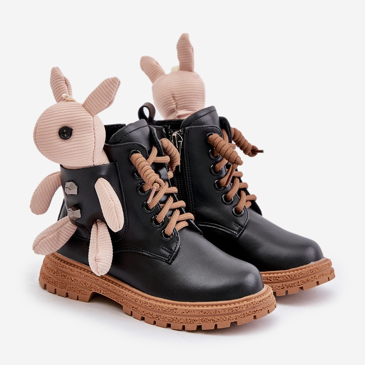 Botins infantis quentes de couro com zíper e ursinho de pelúcia Vinceza 36261 Preto 1