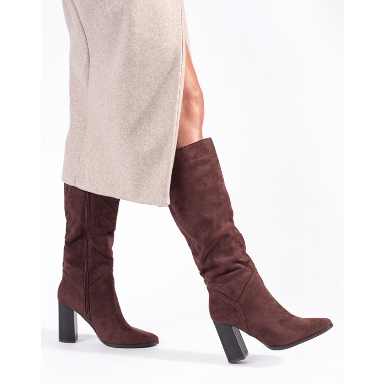 Botas femininas de camurça marrom com salto alto acima do joelho castanho 2