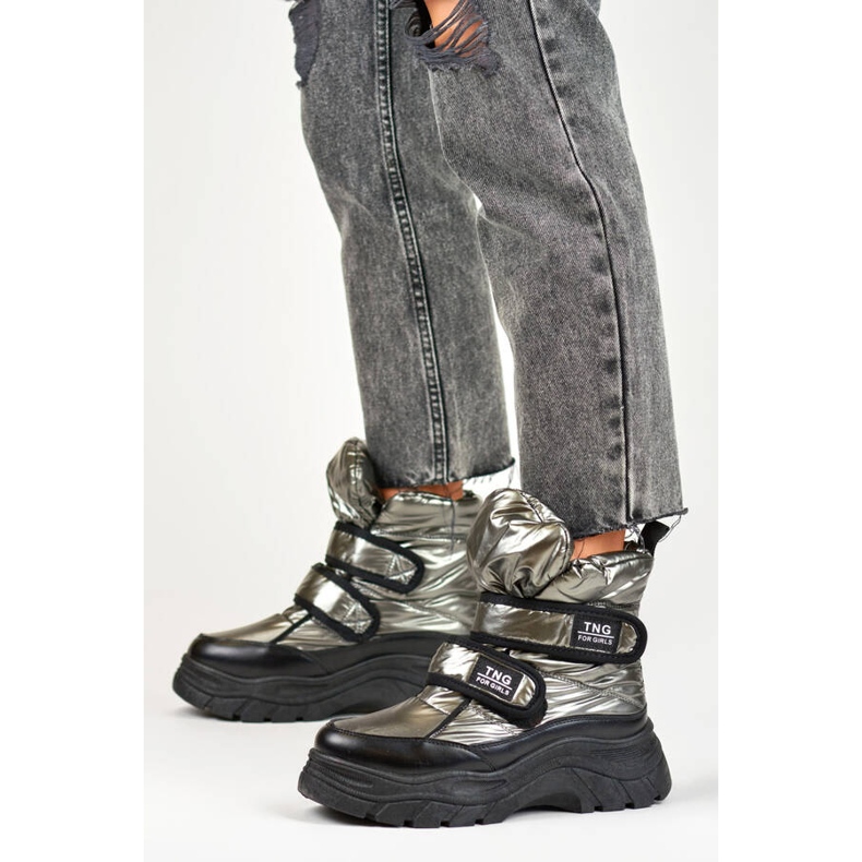 Botas de neve femininas, metálicas, botins prateados com velcro 22-PY16062SI preto 2