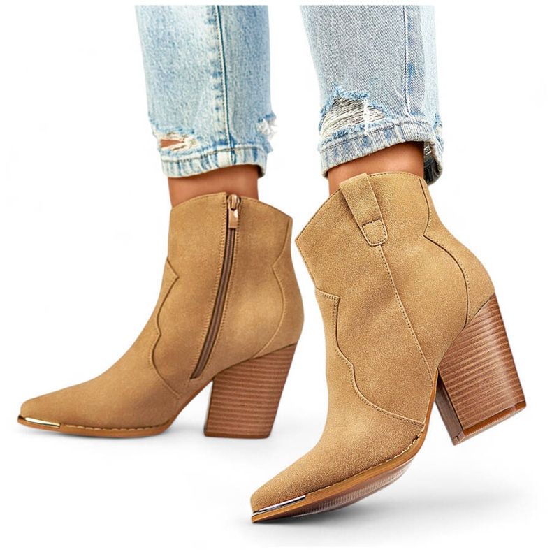 Botas femininas de cowboy em camurça com salto alto, bege A5618BE 1