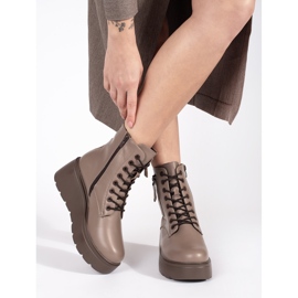 Goodin Botas femininas bege escuro com atacadores e zíperes decorativos 2 Goodin Botas femininas bege escuro com atacadores e zíperes decorativos 2