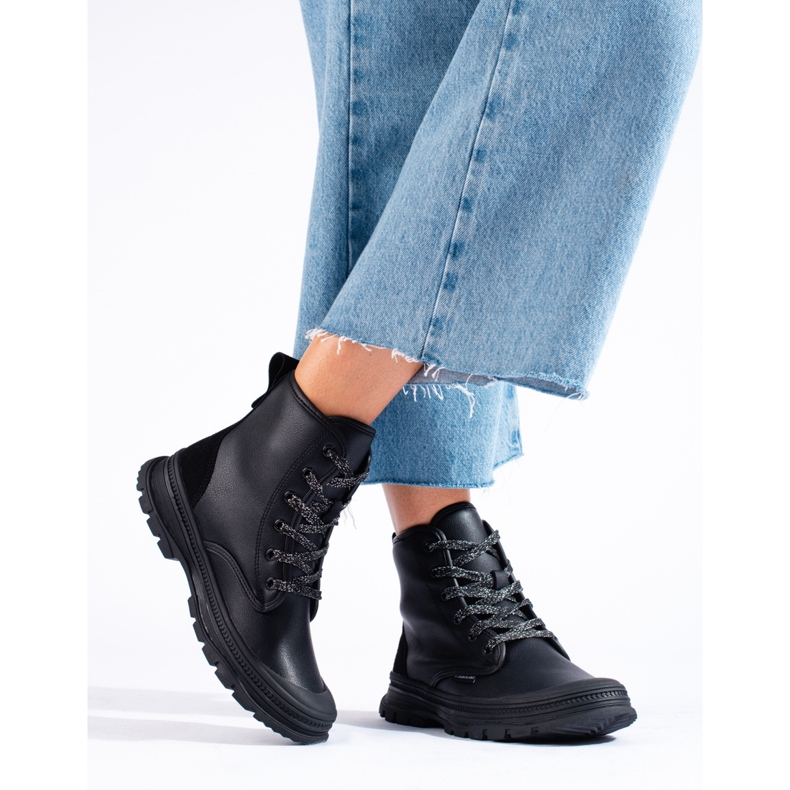 T.Sokolski Botas femininas com cadarço Sokolski feitas de couro ecológico preto 2