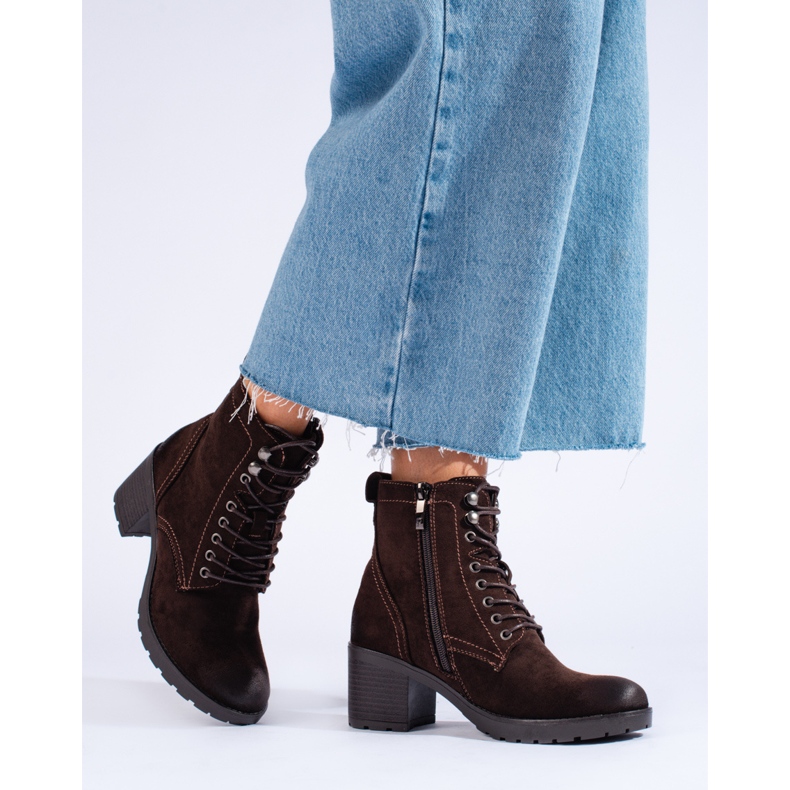 W. Potocki Bota de salto alto Potocki feminina com cadarço feita de camurça ecológica castanho 1