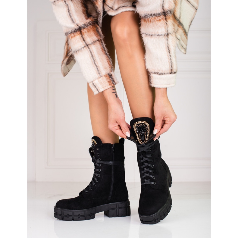 Botas femininas de camurça com decoração, pretas preto 1