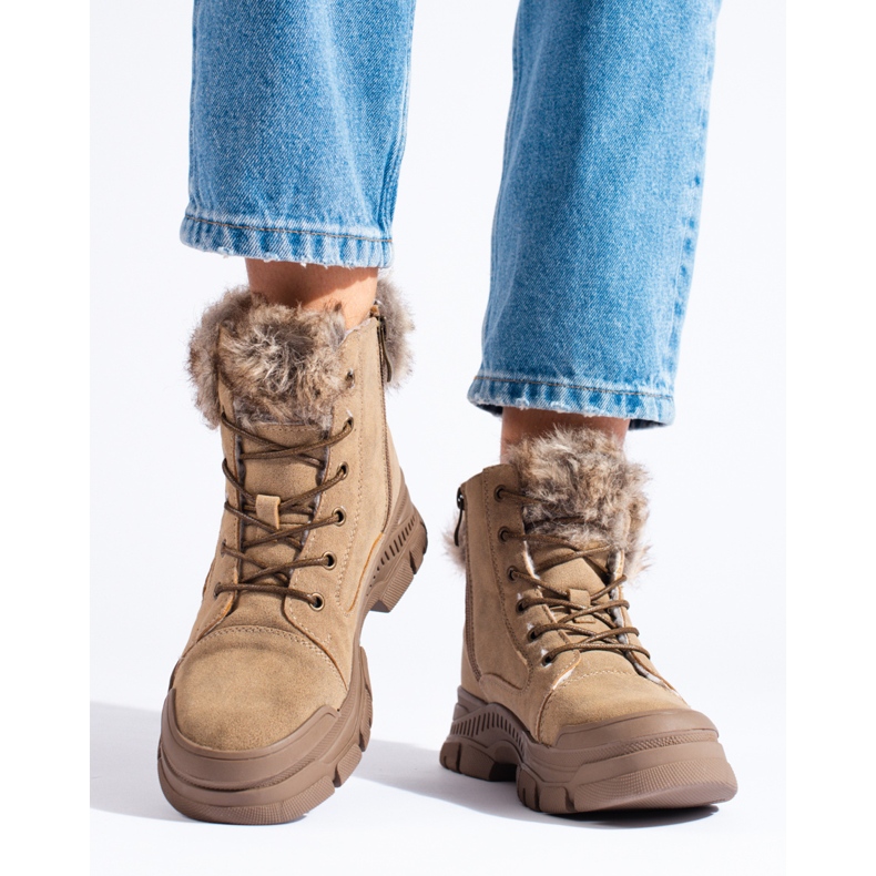 Botas de caminhada de senhora castanhas com pelo bege 2