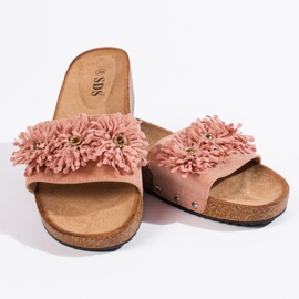 Chinelos femininos de camurça com flores rosa 2