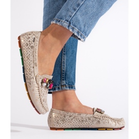 Goodin Mocassins femininos dourados com cristais 1 Goodin Mocassins femininos dourados com cristais 1