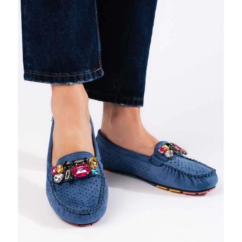 Goodin Mocassins femininos azuis com aberturas e cristais azul 1
