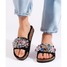 Chinelos femininos de camurça preta preto 1