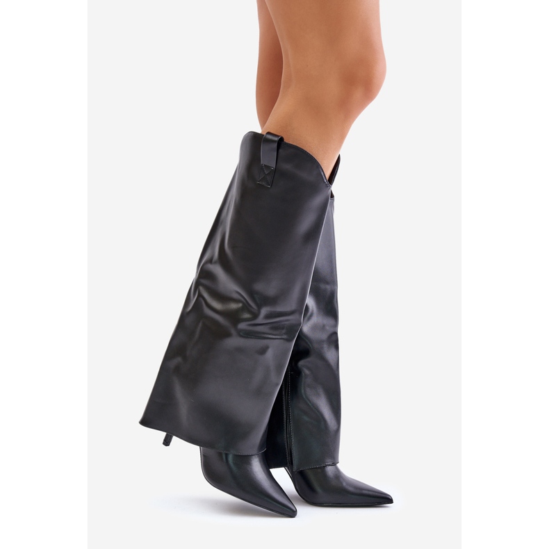 Botas pretas de salto alto Bellinna com parte superior virada para cima preto 1 Botas pretas de salto alto Bellinna com parte superior virada para cima preto 1