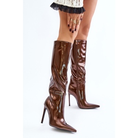 Botas com isolamento envernizado de salto alto e fivela, Tameliae marrom 2