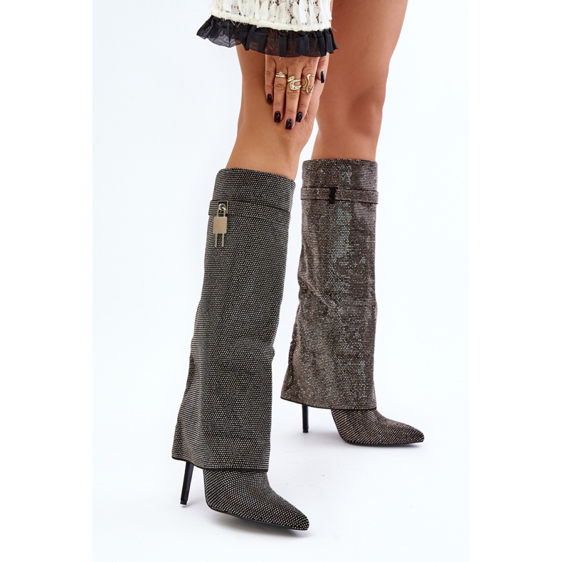 Botas pretas de salto alto enathlin decoradas com cano virado para baixo preto 2 Botas pretas de salto alto enathlin decoradas com cano virado para baixo preto 2