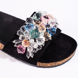 Chinelos femininos de camurça preta preto 2