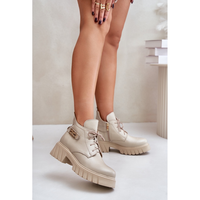 Zazoo 60483 Botas femininas de couro cano baixo, bege quente 2