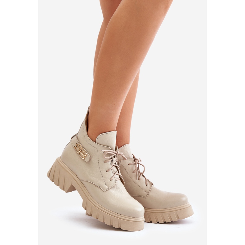 Zazoo 60483 Botas femininas de couro cano baixo, bege quente 1