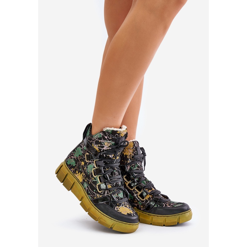 Botins de couro com cadarço plano Maciejka 06158-07 Amarelo e Preto dourado 1 Botins de couro com cadarço plano Maciejka 06158-07 Amarelo e Preto dourado 1