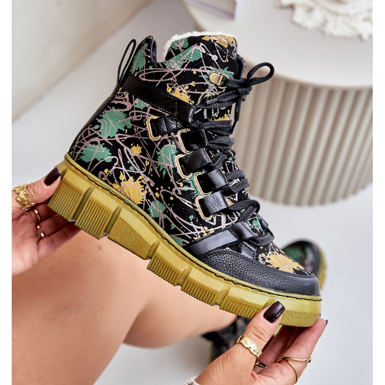 Botins de couro com cadarço plano Maciejka 06158-07 Amarelo e Preto dourado 2 Botins de couro com cadarço plano Maciejka 06158-07 Amarelo e Preto dourado 2