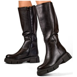 Botas pretas de couro ecológico, botas até o joelho com sola grossa preto 2