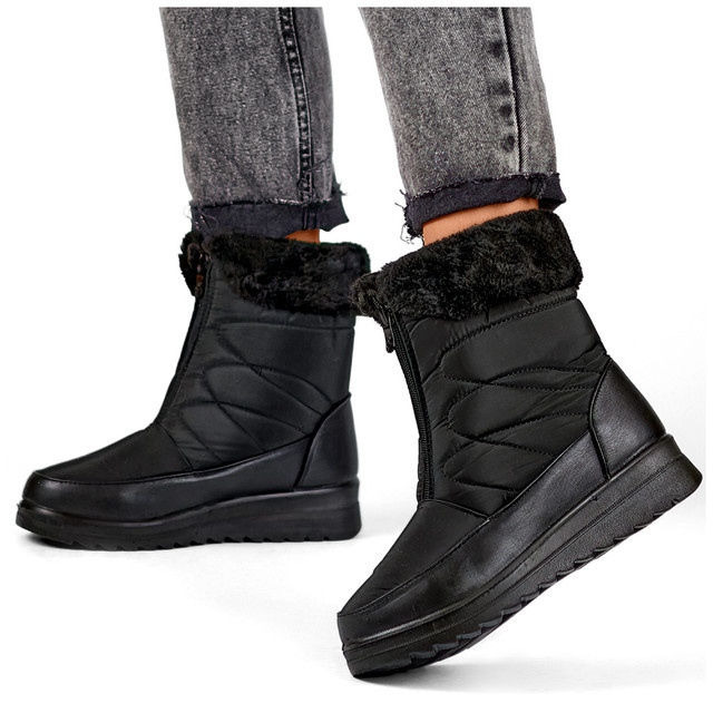 Botas altas de inverno com isolamento para mulheres, botas de neve com zíper, botas de inverno com sola plana preto 2