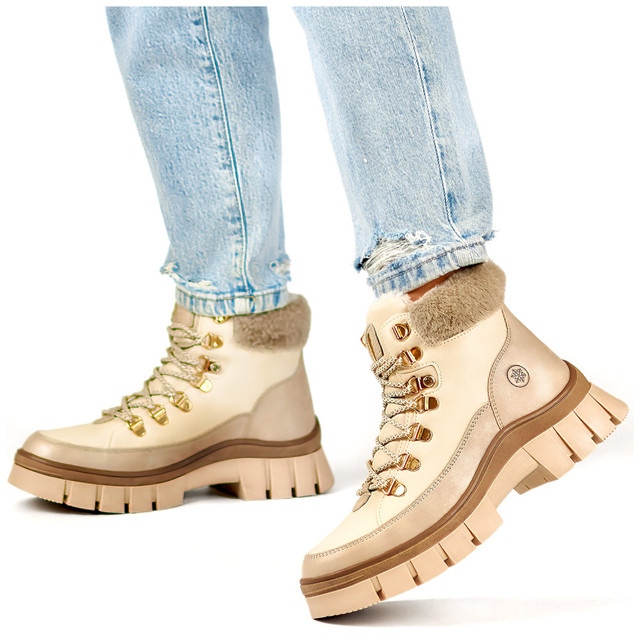 Botas femininas de inverno com isolamento bege e pele, botas com cordões 2