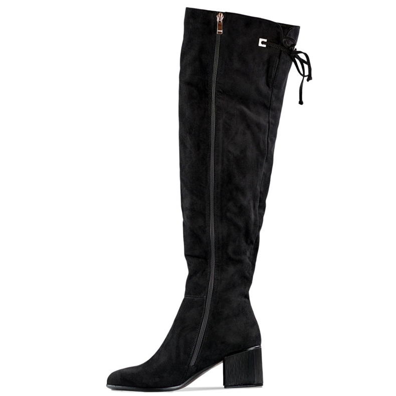 Botas femininas acima do joelho, botas longas com atacadores e salto baixo preto 1 Botas femininas acima do joelho, botas longas com atacadores e salto baixo preto 1