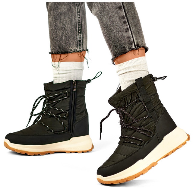 Botas esportivas pretas para neve, sapatos femininos de inverno com cadarço e isolamento com sola plana preto 2 Botas esportivas pretas para neve, sapatos femininos de inverno com cadarço e isolamento com sola plana preto 2