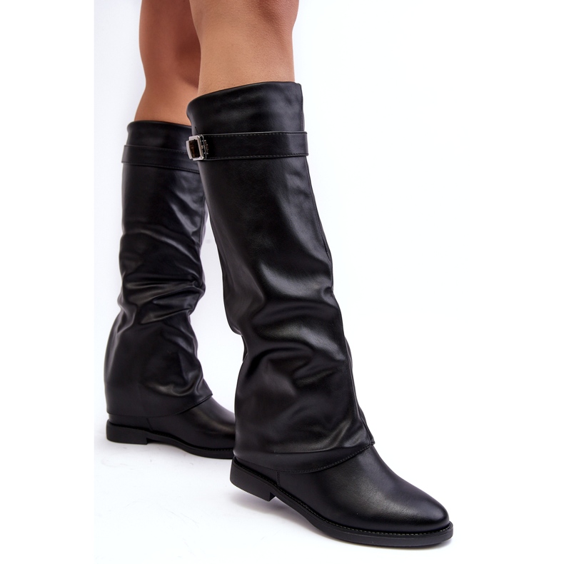 Botas femininas rasteiras com cano franzido, Tercella preta preto 2