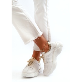 Jezzi Tênis esportivo feminino de couro com sola grossa, branco e dourado 3