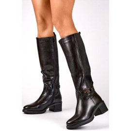 Botas femininas de salto baixo com borracha elástica, pretas FC29B preto 1