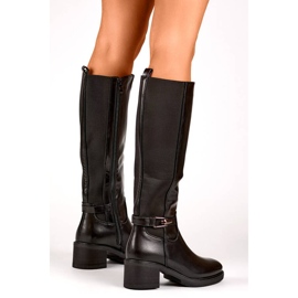 Botas femininas de salto baixo com borracha elástica, pretas FC29B preto 2