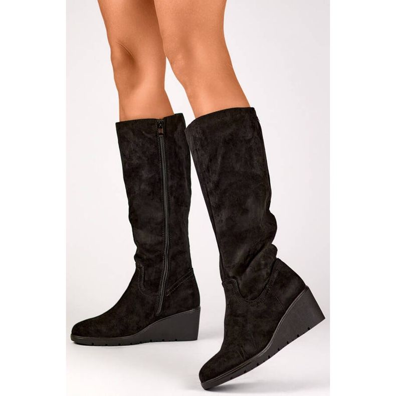 Botas femininas de camurça com cunha, pretas, YL159B preto 1