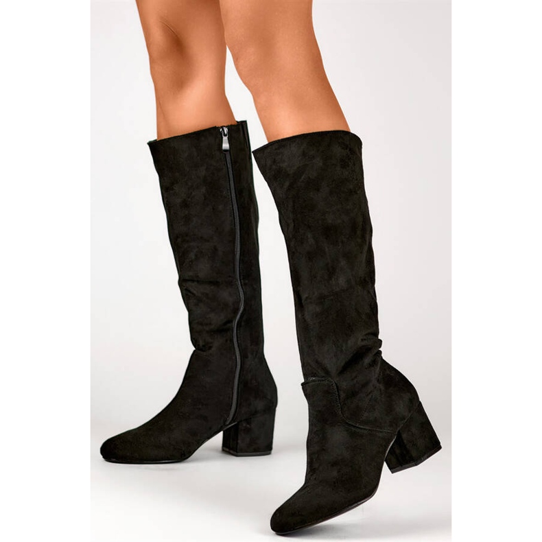 Botas femininas de camurça com salto baixo, pretas 23063B preto 1