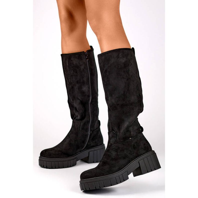 Botas femininas de camurça com sola grossa, pretas DE1056B preto 1