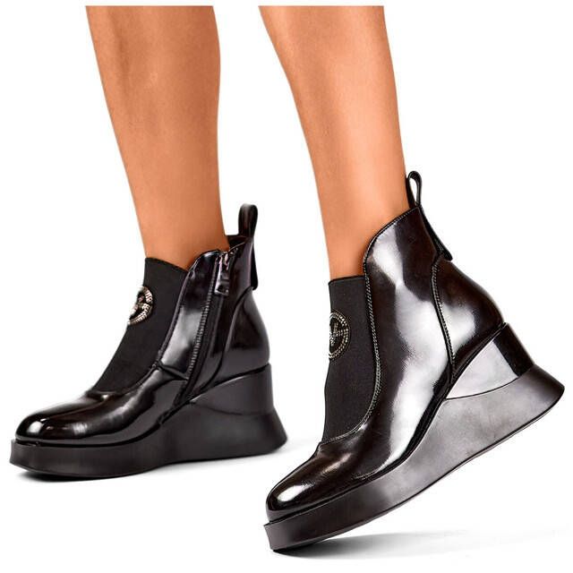 Botas femininas de couro com cunha, preto envernizado, 25-66703B 1