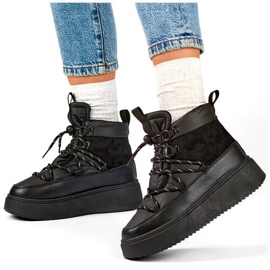 Botas femininas de neve com atacadores e sola grossa, pretas 24-72302B preto 1 Botas femininas de neve com atacadores e sola grossa, pretas 24-72302B preto 1